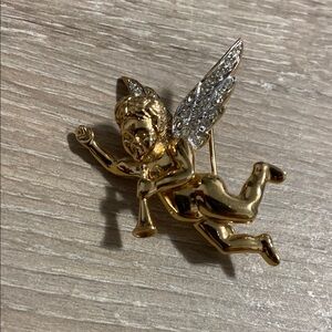 Vintage D'Orlan Gold Toned Cherub Playing a Trumpet Rhinestone Wings Brooch